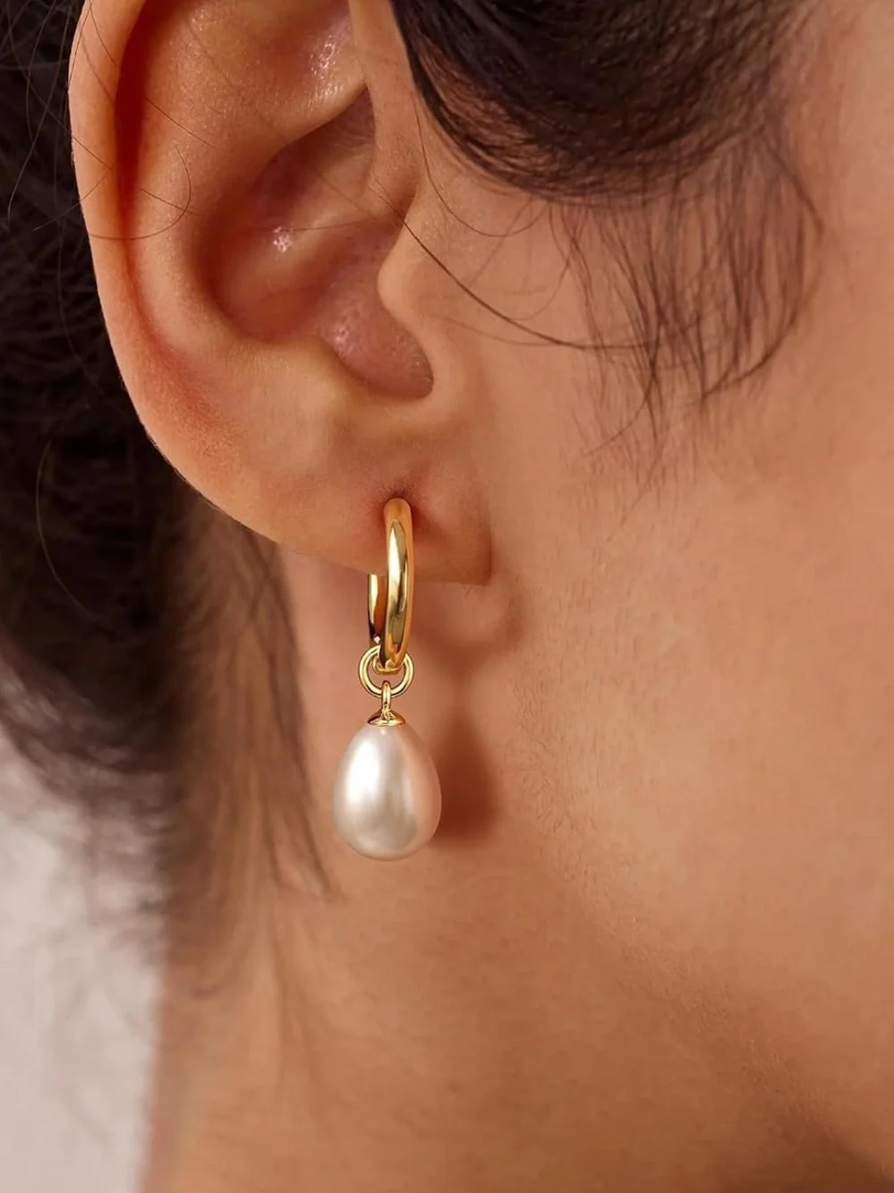 Anthropologie Gold Tone Hoop Earrings with White Pearl Drop